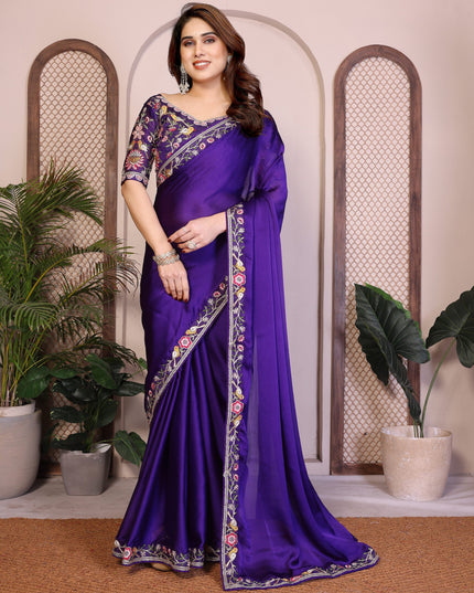 Kiara Azira Purple Satin Chiffon Embroidery Work Saree
