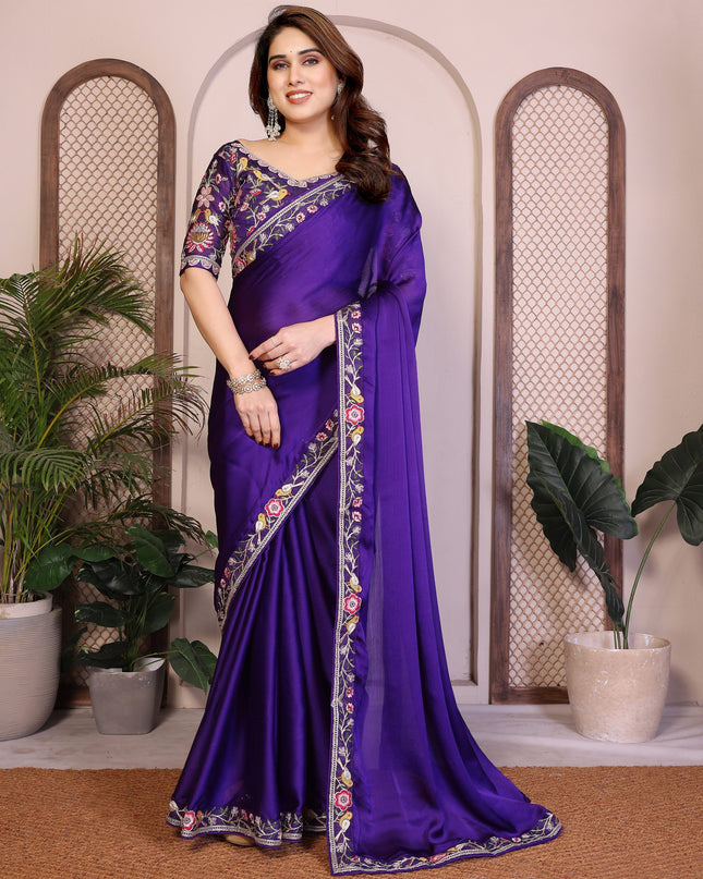Kiara Azira Purple Satin Chiffon Embroidery Work Saree
