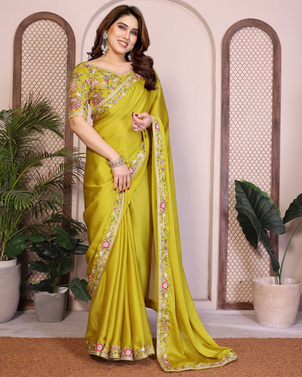 Kiara Azira Yellow Satin Chiffon Embroidery Saree For Women
