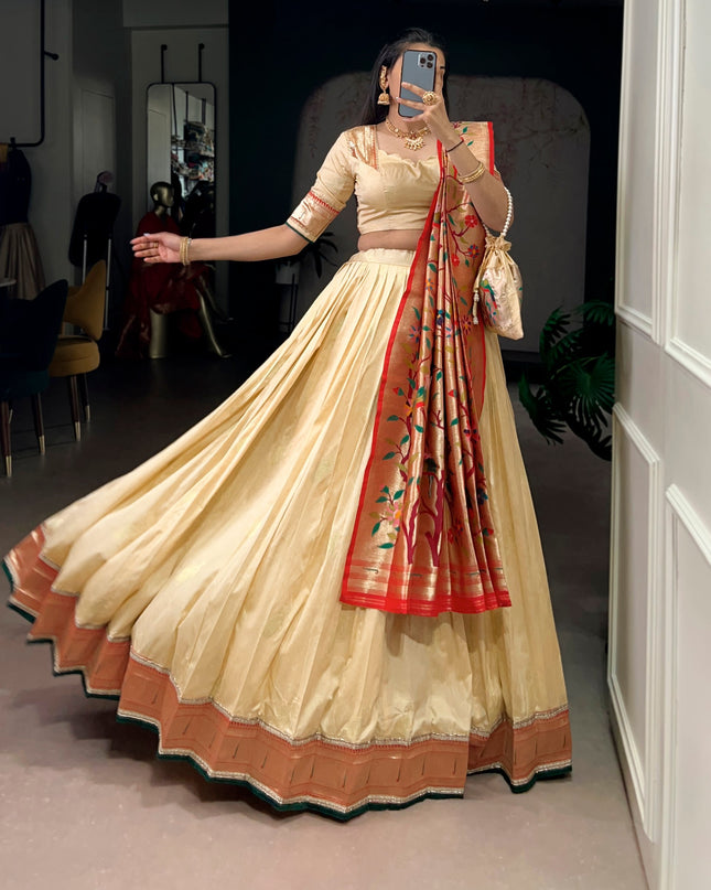 WMN 2031 Cream Silk Paithani Zari Weaving Lehenga Choli