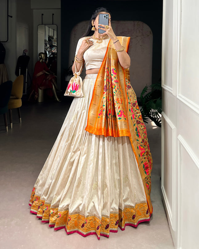 WMN 2031 White Silk Paithani Zari Traditional Lehenga Choli