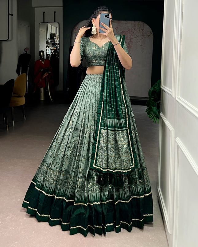 WMN 1206 Green Tasar Silk Kalamkari Printed Lehenga Choli