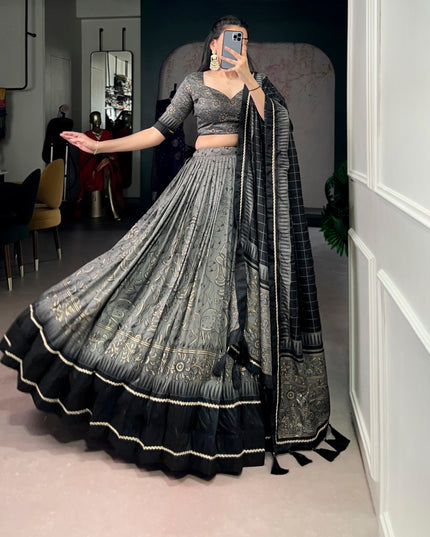 WMN 1206 Grey Tasar Silk Kalamkari Printed Lehenga With Lace Border