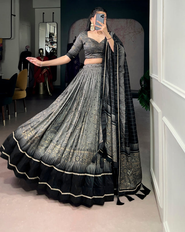 WMN 1206 Grey Tasar Silk Kalamkari Printed Lehenga With Lace Border