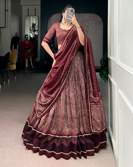 WMN 1206 Maroon Tasar Silk Kalamkari Printed Lehenga Choli Collection