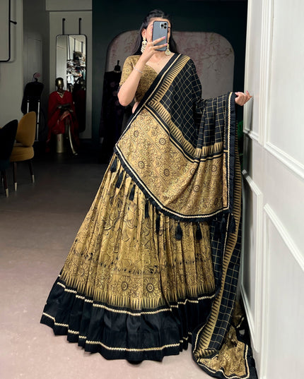 WMN 1206 Golden Tasar Silk Kalamkari Printed Lehenga Choli For Women