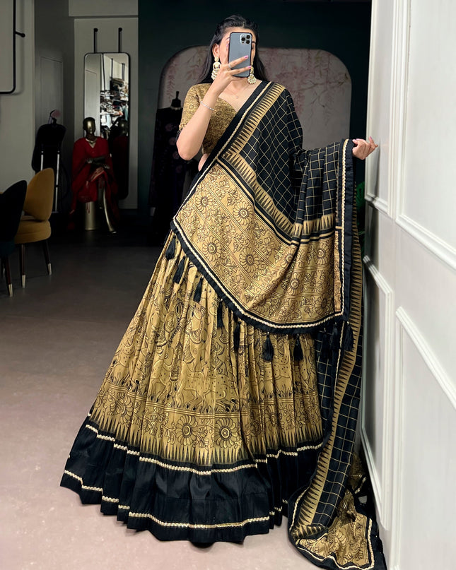 WMN 1206 Golden Tasar Silk Kalamkari Printed Lehenga Choli For Women
