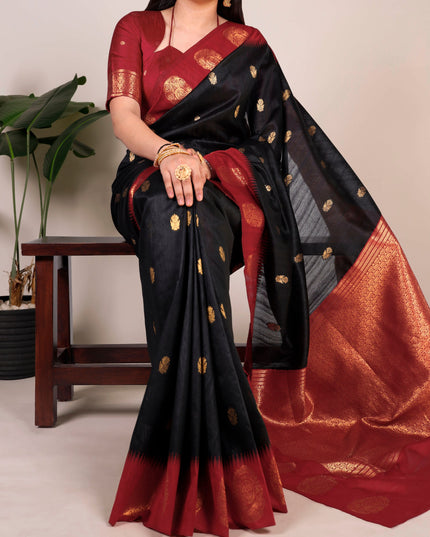 WMN 8002 Black Poly Cotton Zari Weaving Saree Collection
