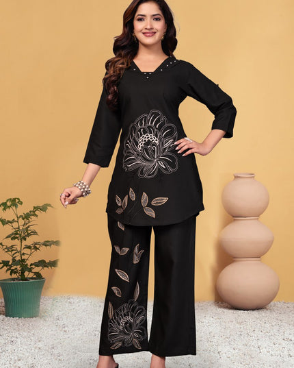 Lila 133 Black Viscose Rayon Co Ord Set With Embroidery Hend Work