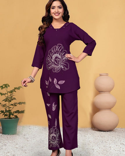Lila 133 Purple Viscose Rayon Co Ord Set With Multi Embroidery