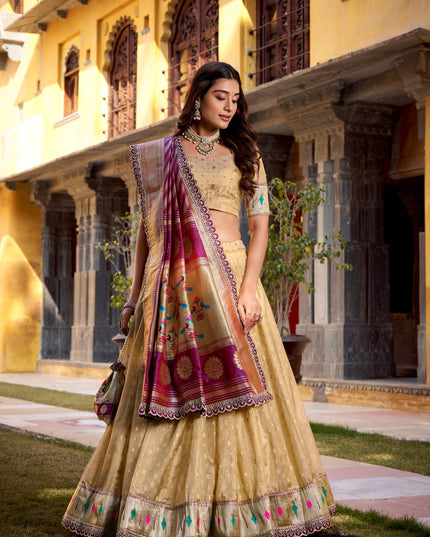 WMN 2032 Cream Organza Zari Weaving Paithani Lehenga Choli