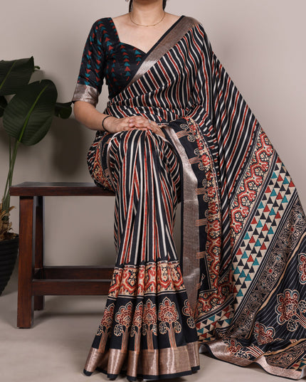 WMN 7022 Tasar Silk Black Printed Saree Collection