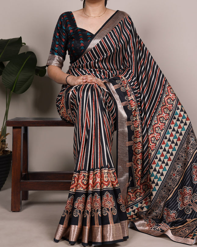 WMN 7022 Tasar Silk Black Printed Saree Collection