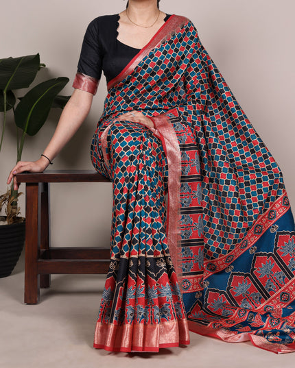 WMN 7022 Tasar Silk Blue Printed Saree Collection