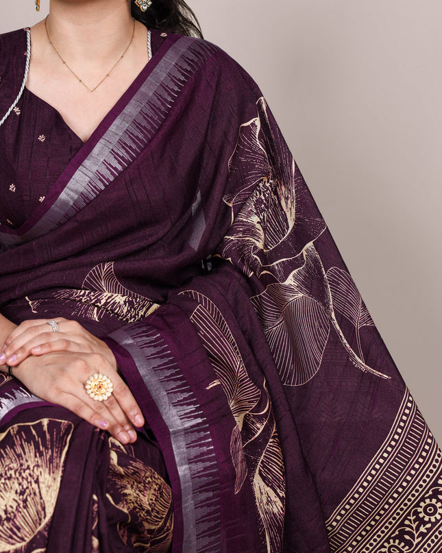 WMN 7213 Slub Silk Taupe Color Floral Printed Saree