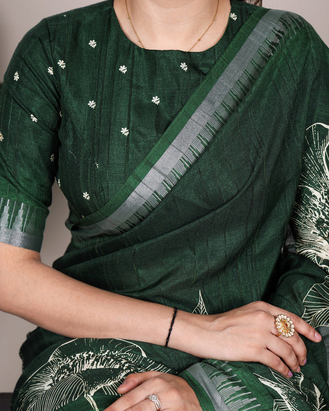 WMN 7213 Slub Silk Dark Green Color Floral Printed Saree