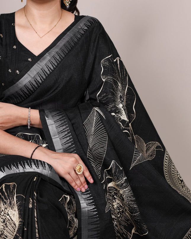 WMN 7213 Slub Silk Black Color Floral Printed Saree