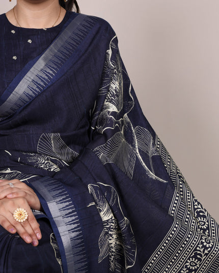 WMN 7213 Slub Silk Dark Blue Color Floral Printed Saree