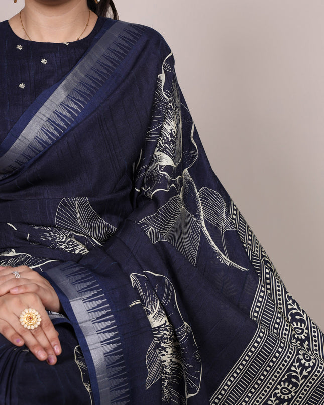 WMN 7213 Slub Silk Dark Blue Color Floral Printed Saree