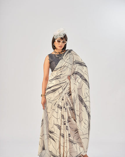 WMN 7016 Satin Silk Beige Color Printed Party Wear Saree
