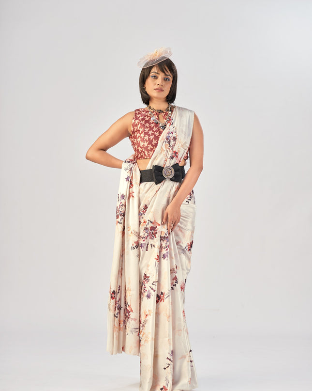 WMN 7016 Satin Silk Lvory Color Printed Party Wear Saree