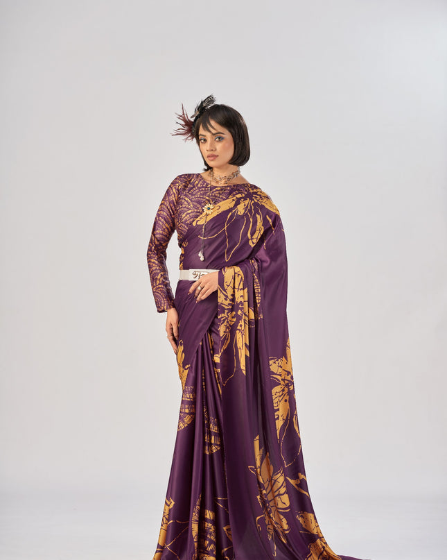 WMN 7016 Satin Silk Maroon Color Party Wear Saree