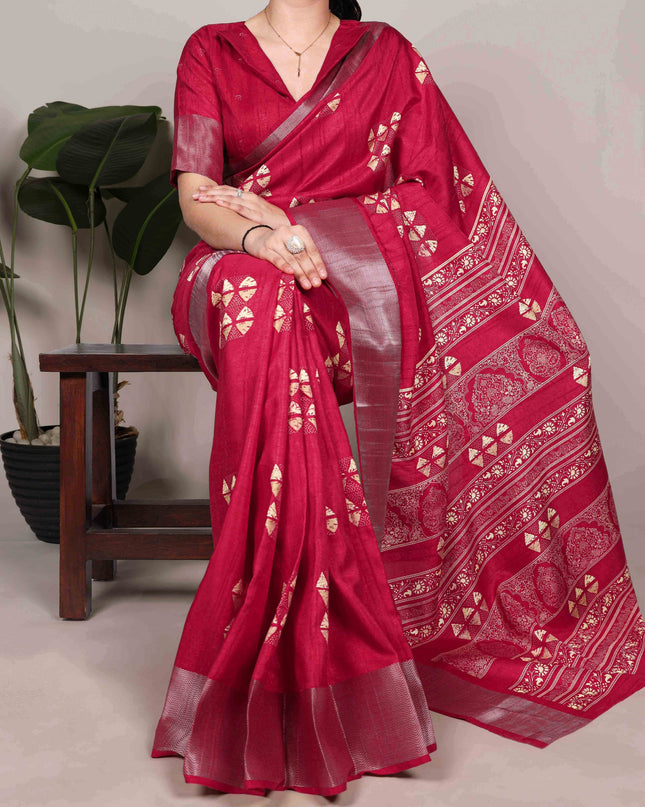 WMN 7212 Slub Silk Red Color Zari Border Saree Collection