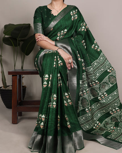 WMN 7212 Slub Silk Green Color Zari Border Saree Collection