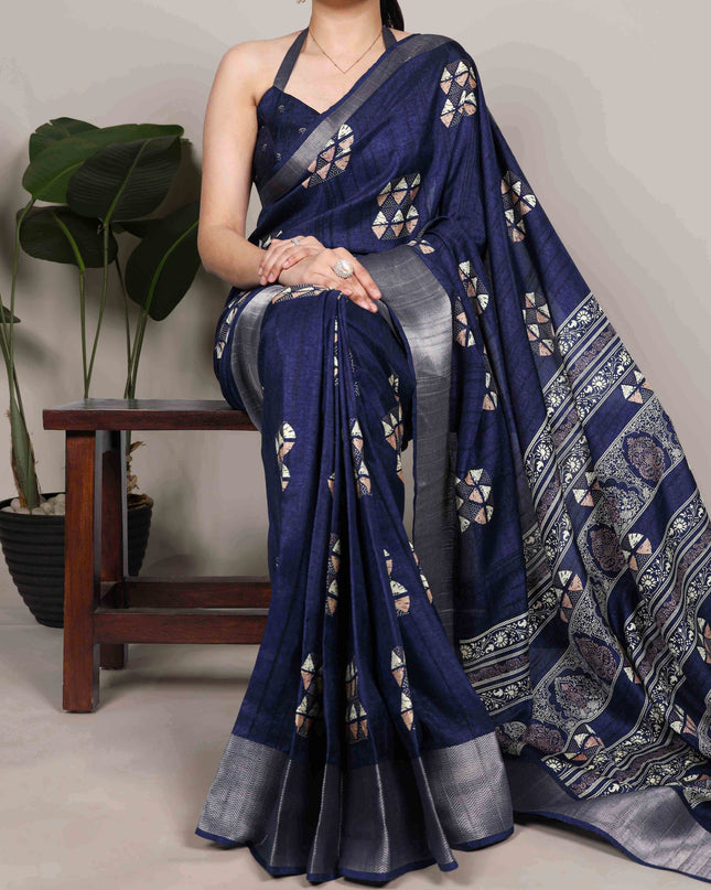 WMN 7212 Slub Silk Blue Color Zari Border Saree Collection