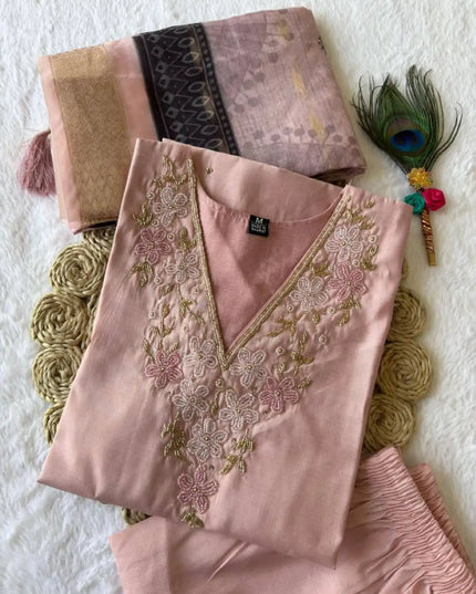 KR 363 Roman Silk Peach Readymade 3Pcs Set With Hand Work