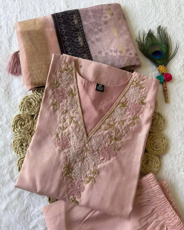 KR 363 Roman Silk Peach Readymade 3Pcs Set With Hand Work