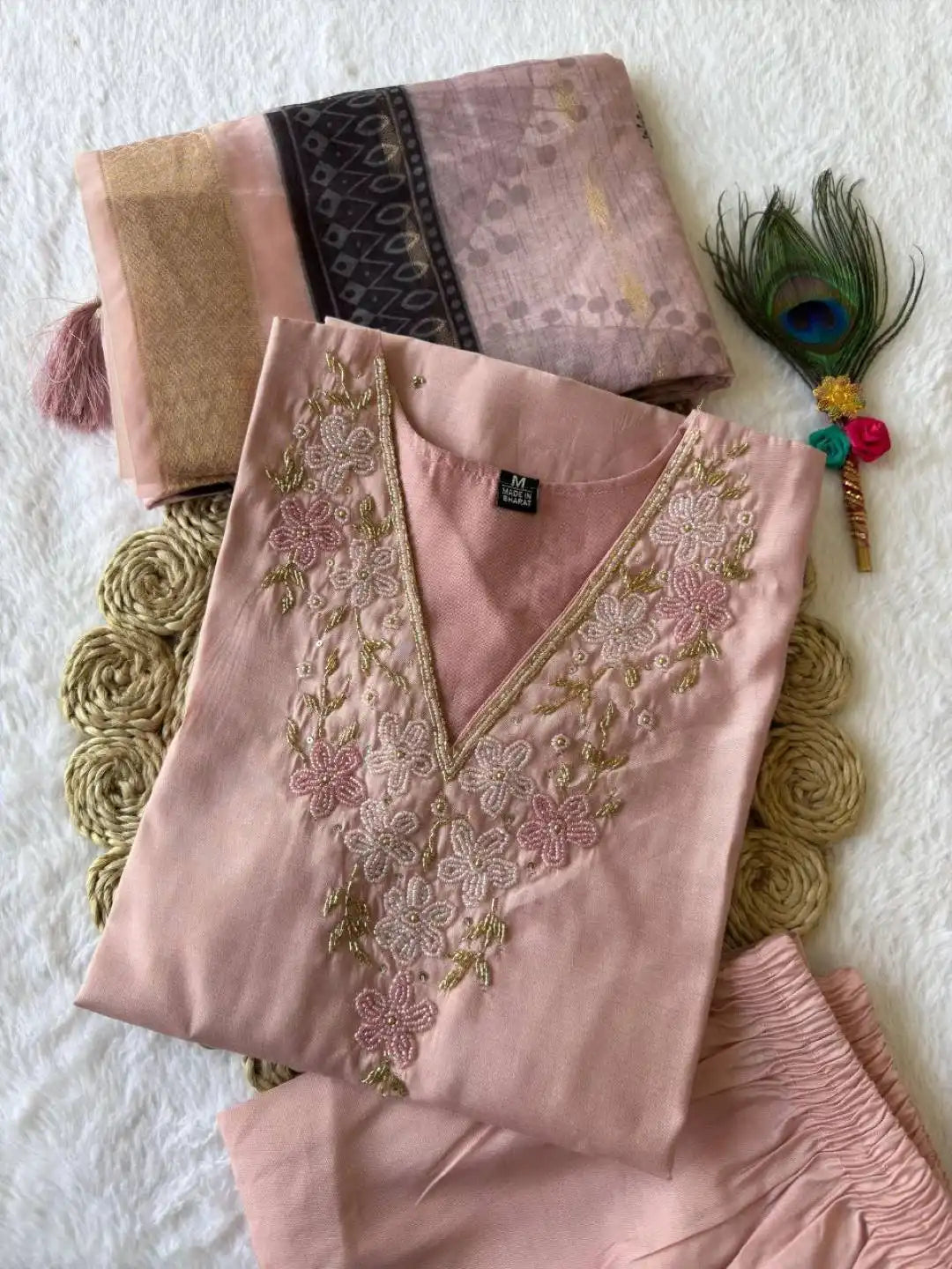 KR 363 Roman Silk Peach Readymade 3Pcs Set With Hand Work