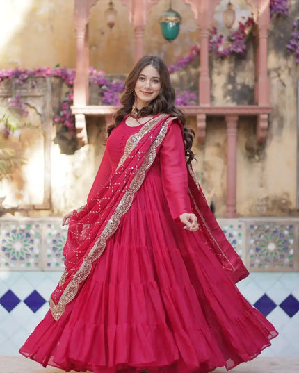 Mohini 9212 Red Color Flair Gown Made With Star Georgette Embroidered Dupatta