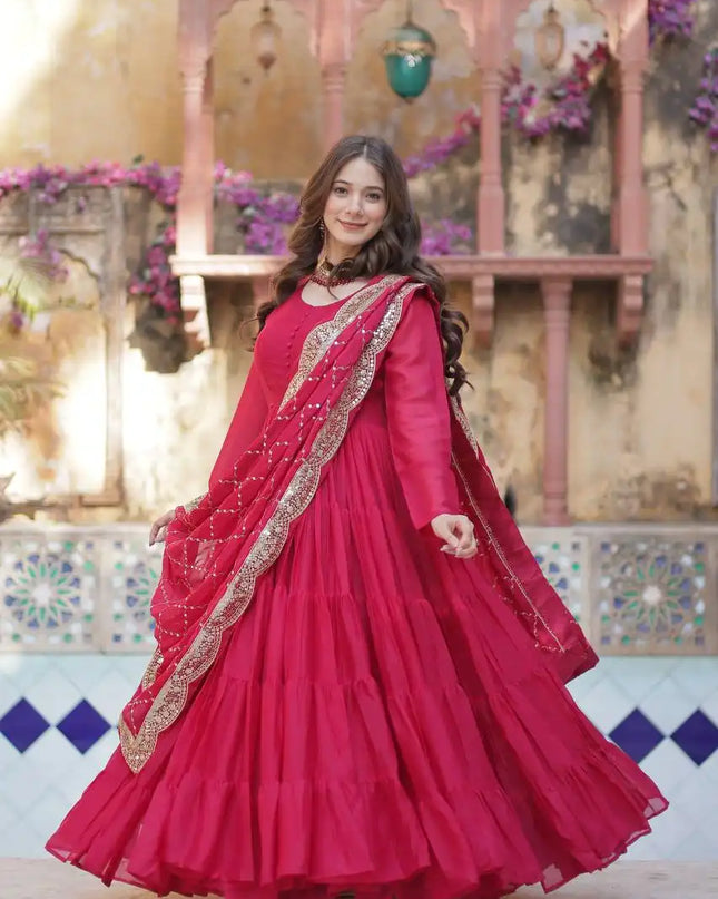 Mohini 9212 Red Color Flair Gown Made With Star Georgette Embroidered Dupatta