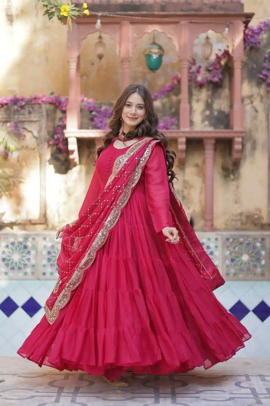 Mohini 9212 Red Color Flair Gown Made With Star Georgette Embroidered Dupatta
