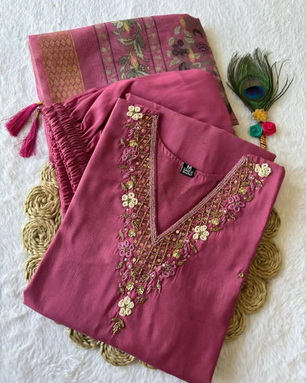 KR 366 Pink Roman Silk Kurti Pant With Dupatta