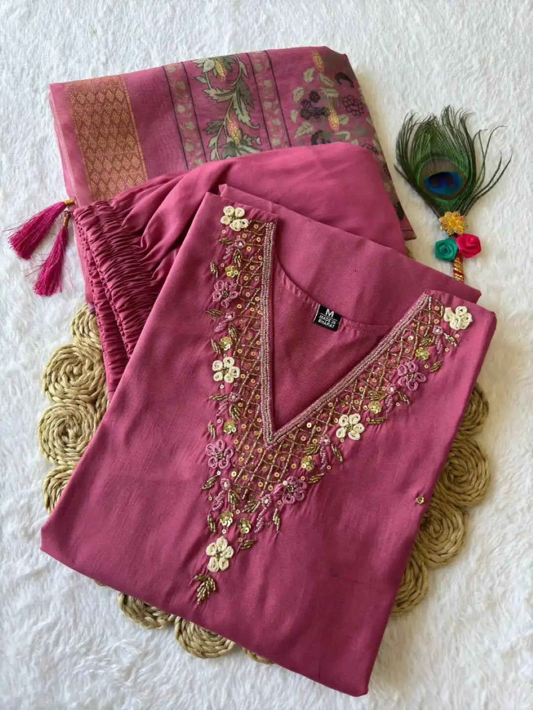 KR 366 Pink Roman Silk Kurti Pant With Dupatta