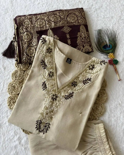 KR 361 Roman Silk Cream Readymade Kurti Pant Dupatta