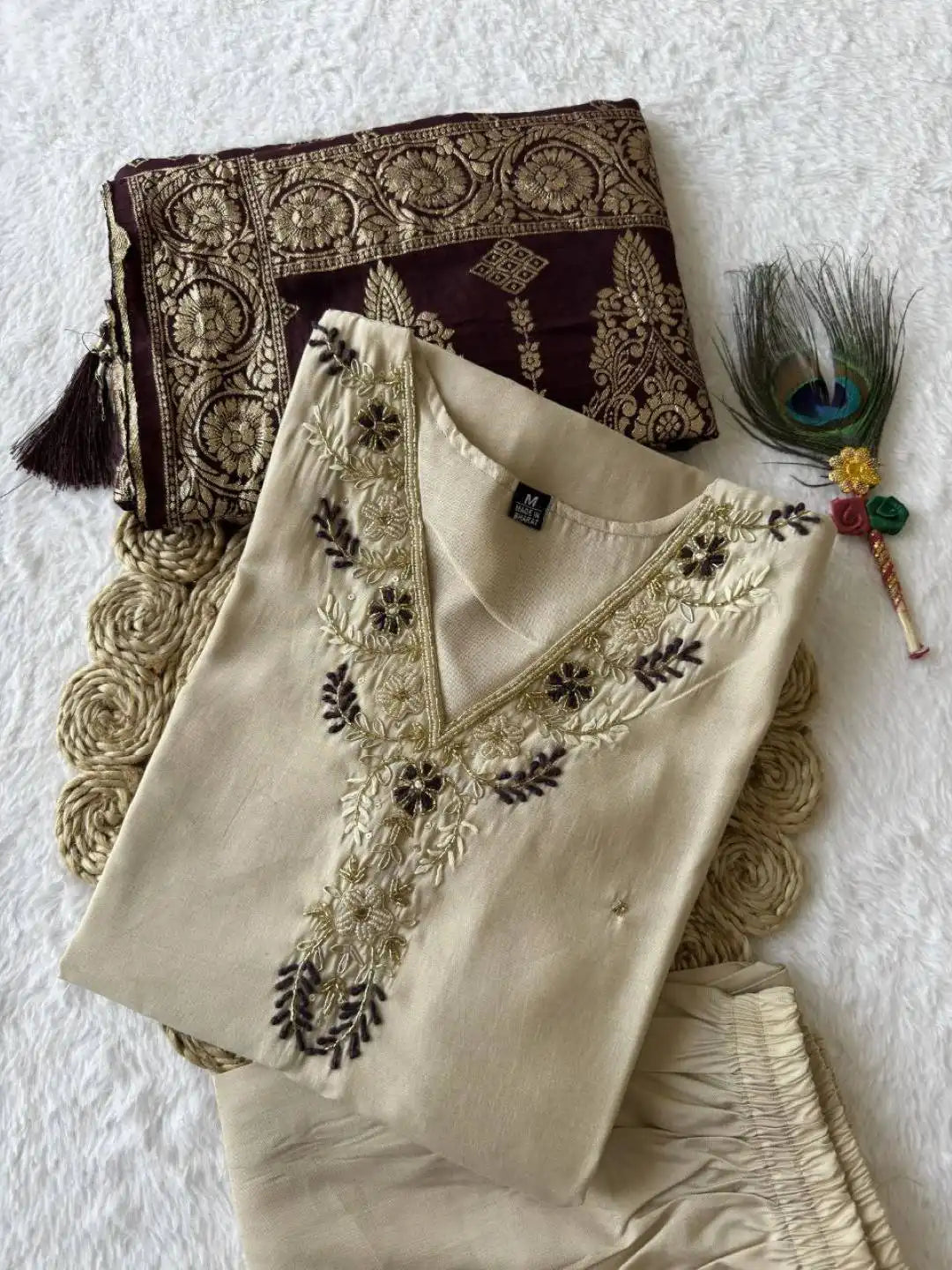 KR 361 Roman Silk Cream Readymade Kurti Pant Dupatta