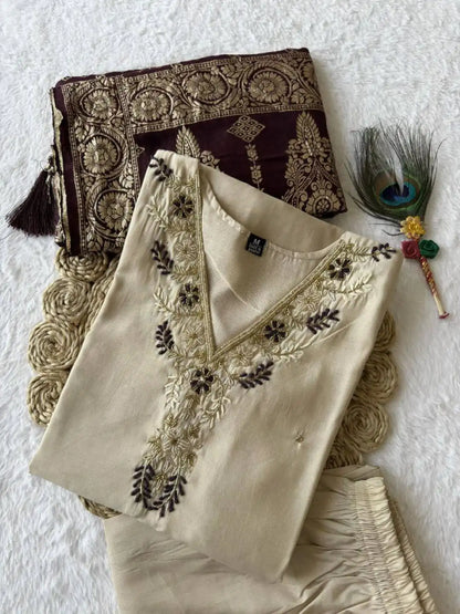 KR 361 Roman Silk Cream Readymade Kurti Pant Dupatta
