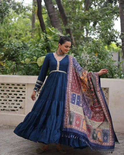 Mohini 9275 Blue Color Roman Gown Dupatta Collection With Mirror Lace Work