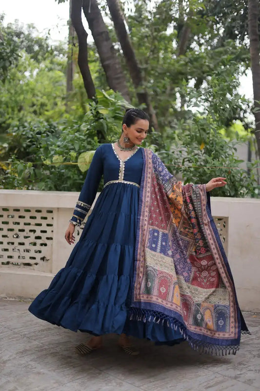 Mohini 9275 Blue Color Roman Gown Dupatta Collection With Mirror Lace Work