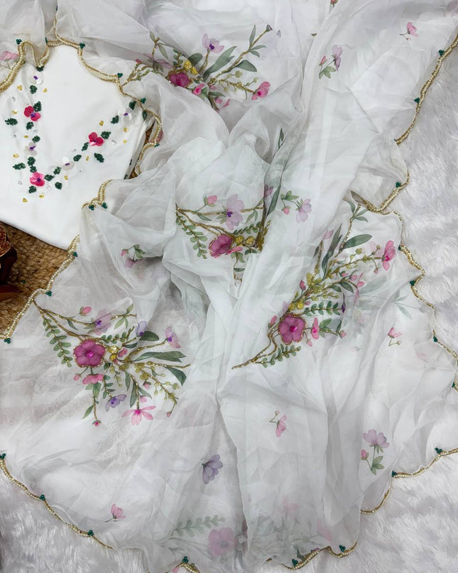 SS257 Soft Tabby Silk Saree Flower Print Katdana Hand Khatli Work