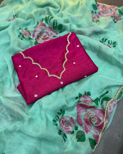WMS Soft Taby Organza Silk Saree With Digital Print hand Work Moti