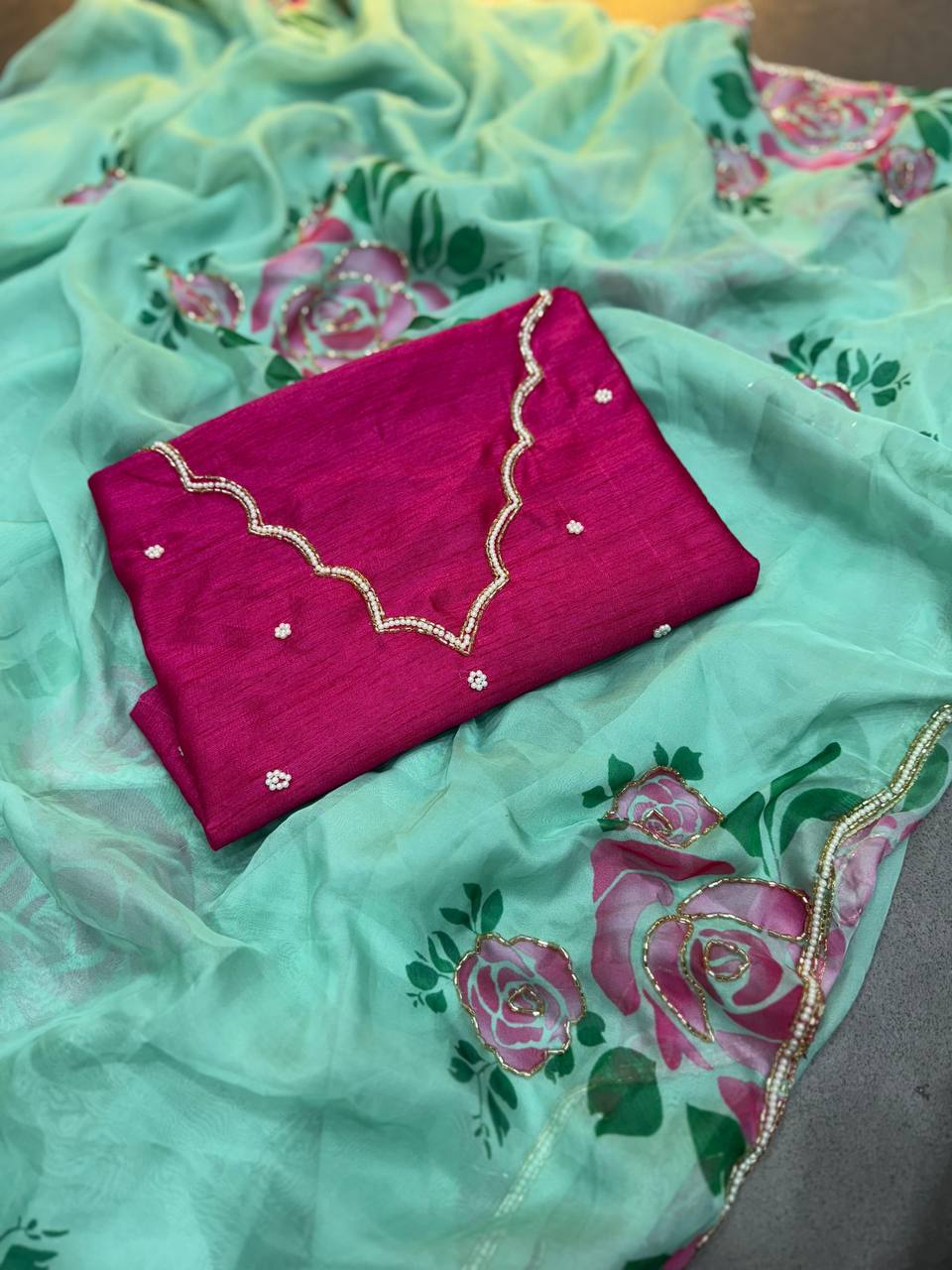 WMS Soft Taby Organza Silk Saree With Digital Print hand Work Moti