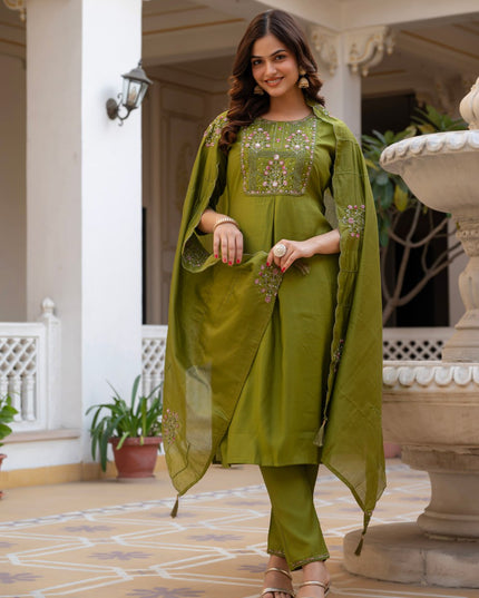 Lila 144 Olive Green Viscose Silk Designer Readymade Suit