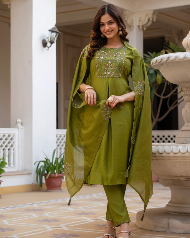 Lila 144 Olive Green Viscose Silk Designer Readymade Suit