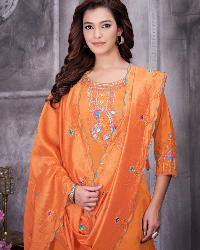 Lila 138 Orange Roman Silk Readymade Suit for Women