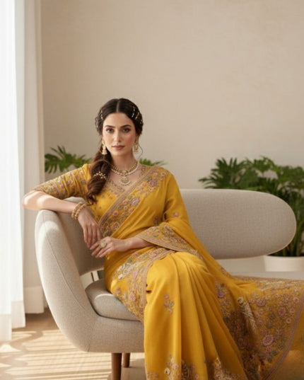 Kiara Animal Moss Chiffon Embroidery Haldi Function Saree