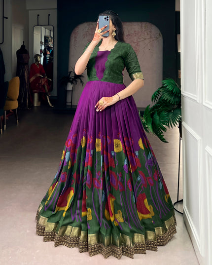 WMN 5013 Viscose Chanderi Floral Printed Long Gown